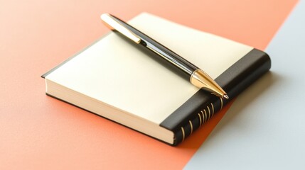 Naklejka premium Minimalist workspace with a white notebook, sleek pen, and pastel-colored background.