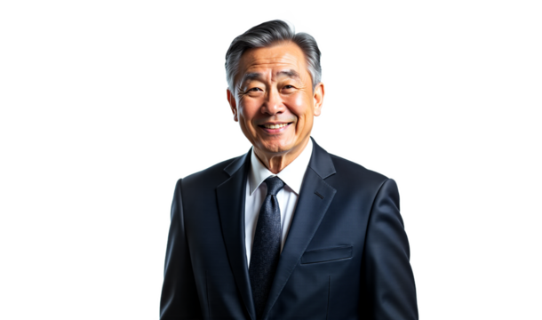 Confident Asian businessman portrait, professional headshot, smiling, isolated on transparent background. Ideal for corporate website, business profile, presentations, and advertising.