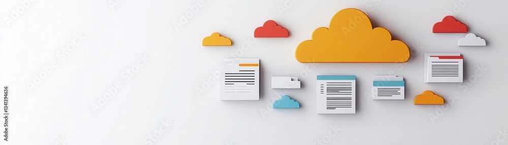 Poster a colorful cloud storage concept with file icons, representing digital organization and data managem
