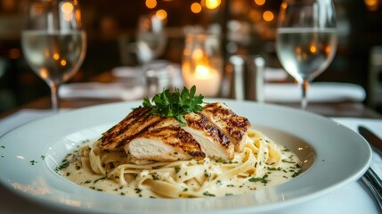 A plate of creamy fettuccine Alfredo topped with grilled chicken and fresh parsley in an Italian restaurant.
