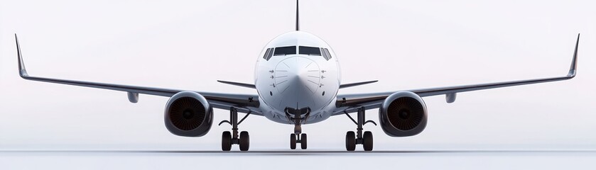 Naklejka premium A sleek, white airplane is shown head-on, with wings extended, ready for takeoff against a minimalistic, pale background.
