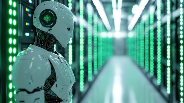 Futuristic humanoid robot standing in a data center with green lights, showcasing advanced technology and innovation in a digital environment