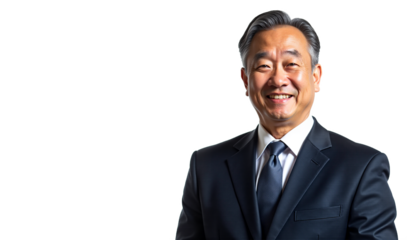 Smiling senior businessman portrait. Professional headshot of mature asian man in suit isolated on white for corporate website or marketing. Isolated on transparent background.