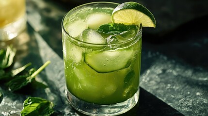 A refreshing glass of green juice made with spinach, cucumber, and apple, served with a slice of lime and mint leaves.