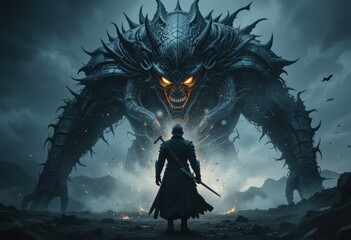 knight with sword fighting a monster