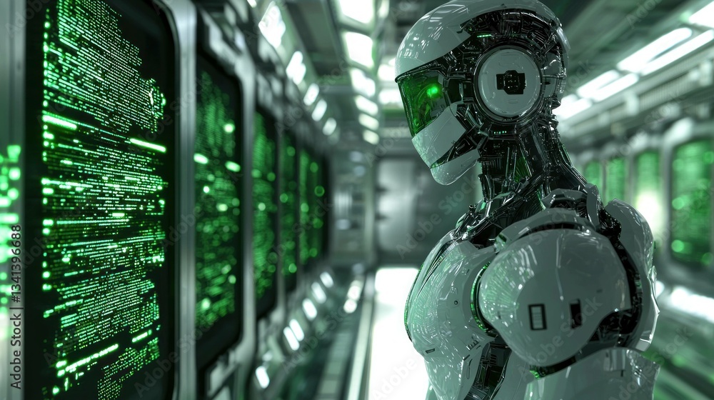 Poster futuristic humanoid robot in a digital environment with green data streams, symbolizing technology a