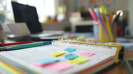 Fototapeta premium Notebook with colorful sticky notes, a highlighter, and a neat handwriting planner on a desk.