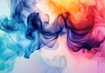 Fototapeta premium Colorful smoke in shades of orange, red, purple, and blue swirling and blending in mid - air against a soft, gradient background, creating an abstract and dynamic visual.