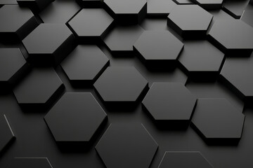 A minimalist, monochrome 3D background with matte black hexagons arranged in a seamless pattern. Soft directional lighting highlights the raised edges, creating a sophisticated, modern aesthetic