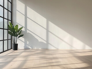 Obraz premium An empty concrete room with sunlight streaming in, casting bold shadows on the walls, creating a peaceful and modern minimalist background.