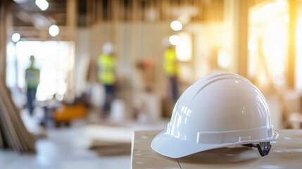 White construction helmet on table in focus,blurred workers and building interior background