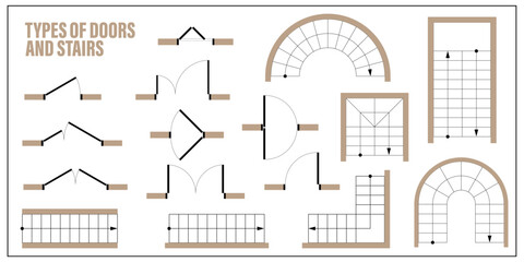 Architectural elements set for floor plan top view. Kit of icons for interior project. Door, stair for scheme of apartments. Construction symbol, graphic design element, blueprint. Vector illustration