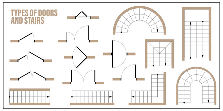 Architectural elements set for floor plan top view. Kit of icons for interior project. Door, stair for scheme of apartments. Construction symbol, graphic design element, blueprint. Vector illustration