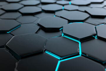 Obraz premium A metallic-themed 3D background featuring hexagonal plates with embedded LED lighting. The contrast between matte black metal and glowing cyan edges enhances the high-tech, cybernetic aesthetic,