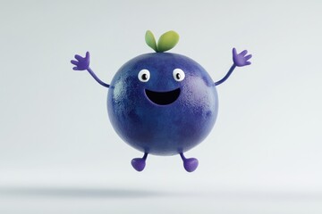 A cheerful, anthropomorphic blueberry character joyfully leaps in mid-air with open arms.