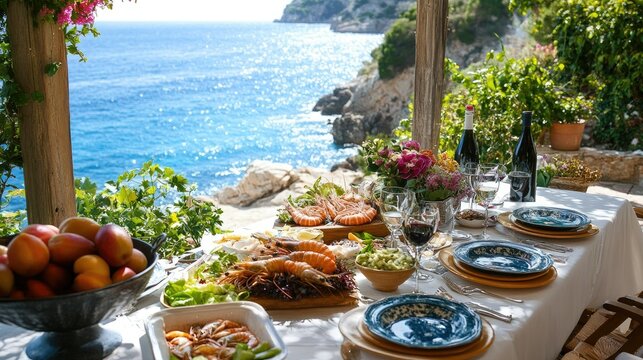 Fototapeta A scenic outdoor dining table on the Mediterranean coast, set with seafood, salads, and wine.