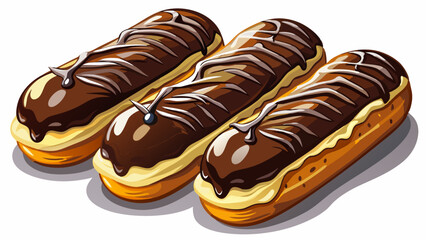 Photorealistic chocolate éclairs with glossy dark chocolate and white drizzle on a white table surface, featuring creamy custard filling and soft lighting