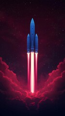 Illustration of rocket taking off,red and blue colors against dark background,space-themed poster