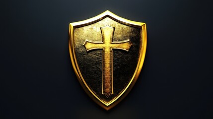 Golden Christian shield, dark background.