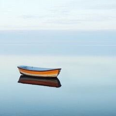 Naklejka premium Spokojny wschód słońca, mała pomarańczowo-niebieska łódka dryfuje po spokojnej wodzie, odbijając się w spokojnej tafli jeziora.