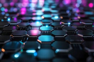 Obraz premium A cyber neon 3D background featuring hexagonal grids embedded in a black reflective surface. Each tile emits a pulsating light, transitioning between electric blue, purple, and magenta, creating a