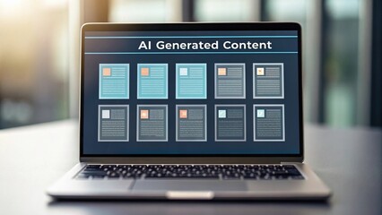 Large language models leverage artificial intelligence for advanced analysis. A laptop displays a digital interface showcasing multiple examples of AI-generated content in a modern workspace.