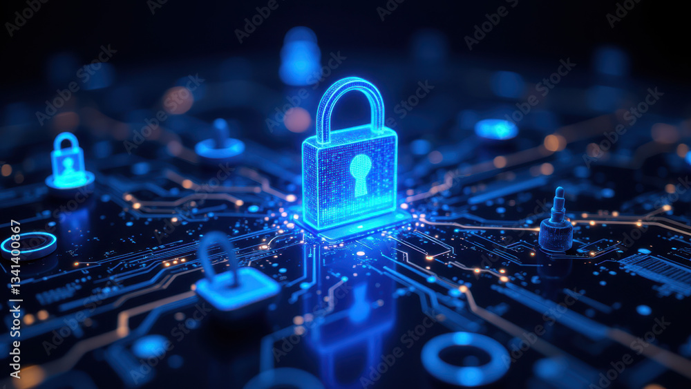 Poster a digital illustration showcasing a secure network with numerous blue locks signifying cybersecurity