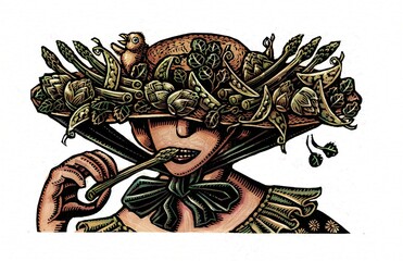 Woman nibbling an asparagus stalk wears hat covered in springtime vegetables. 
