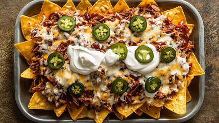 Top down view of American BBQ pulled pork nachos topped melted cheese jalapeos and sour cream served on a large platter