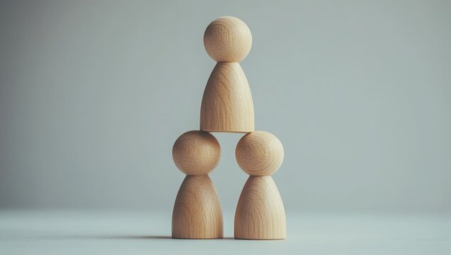 Three wooden figures standing on top of each other, with the first figure being taller than the other two and holding up the two smaller ones above it. The background is a plain gray