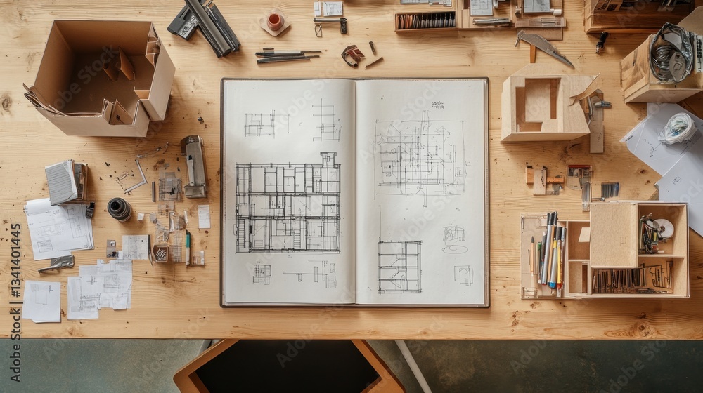 Poster top-down view of an architects notebook with sketches and blueprints on a professional desk.
