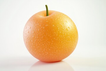 A single, ripe, orange fruit covered in water droplets, isolated on a white background.