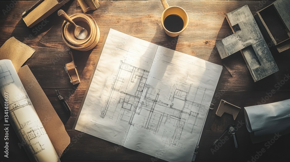 Poster top-down view of an architects notebook with sketches and blueprints on a professional desk.