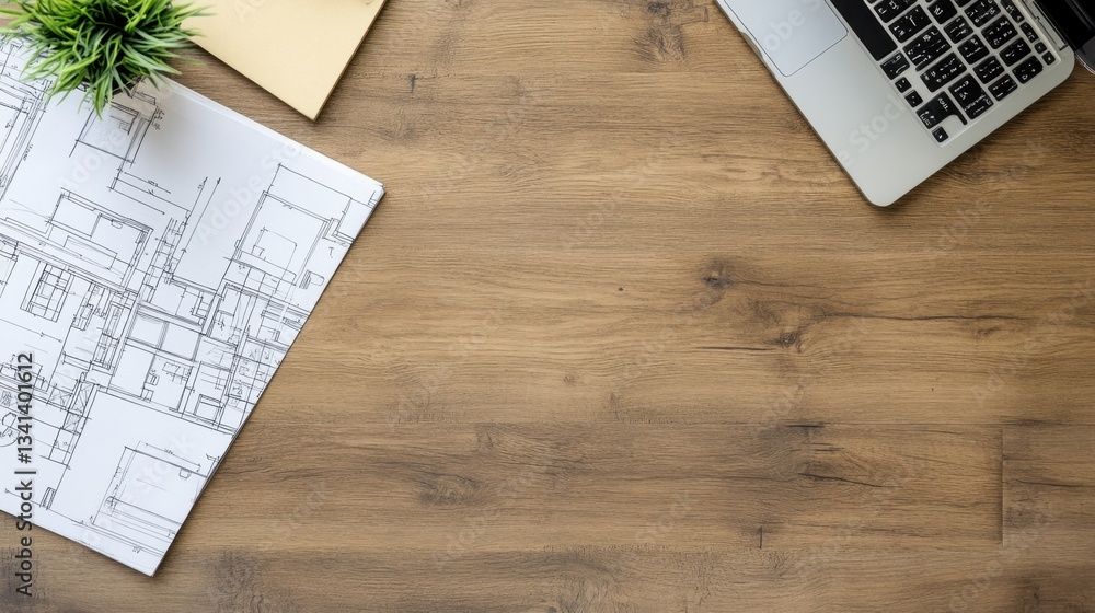 Poster top-down view of an architects notebook with sketches and blueprints on a professional desk.