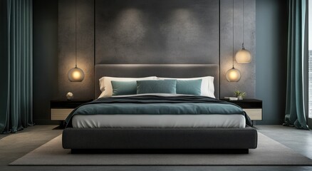 A Modern Bedroom Interior Featuring Bed Lighting And Furnishings