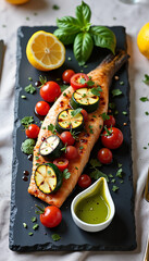 Grilled Salmon with Vegetables and Pesto, Vibrant Colors, Gourmet Food Presentation