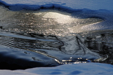 Fragment of a shiny stream of water with an edge of ice and snow along the edge during a spring flood