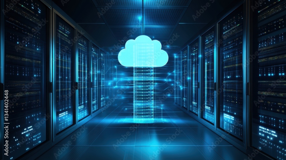 Aufkleber virtual data center concept background with futuristic server racks and cloud storage visuals.