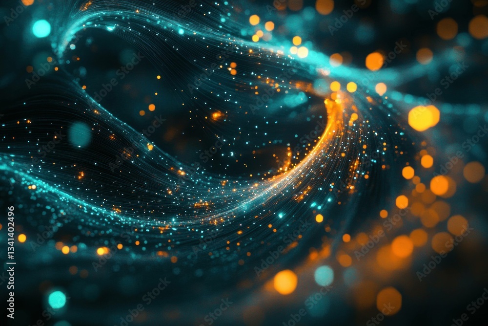 Poster abstract glowing waves with vibrant blue and orange lights swirling against a dark background, creat