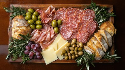 A top-down view of a gourmet Italian meat platter with aged prosciutto, salami, and artisan bread, accompanied by olives and grapes.