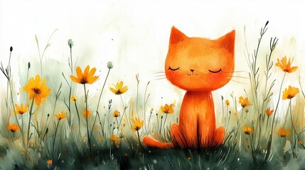 An adorable minimalist orange cat peacefully sits amidst a field of yellow wildflowers enjoying a tranquil moment perfect for cute pet themed designs and projects offe ample