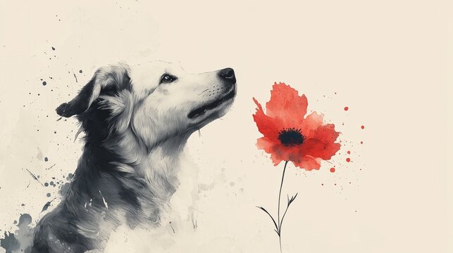 A minimalist watercolor illustration depicts a loyal dog gazing intently at a vibrant red poppy flower against a soft beige background creating a serene and peaceful high fidelity