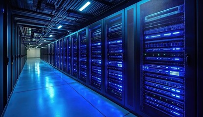 A long corridor filled with server racks on both sides, illuminated by cool blue lighting from the ceiling and the glowing lights on the servers. 