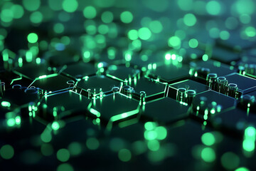 Obraz premium A bio-digital fusion 3D background where glowing green hexagonal patterns resemble DNA sequences embedded in an organic-tech surface. The fusion of biotechnology and futuristic cyber elements creates