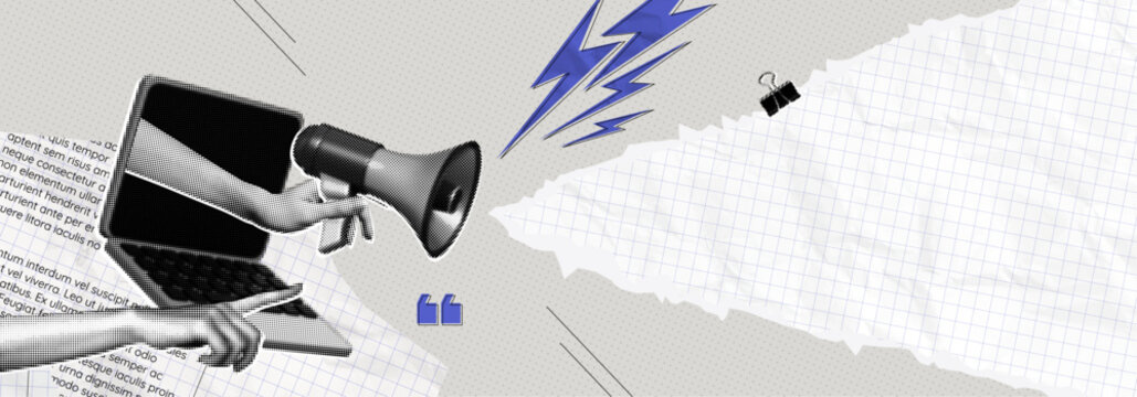 Trendy Halftone Collage Hand holding megaphone out of laptop screen and torn paper edge. Online announcing and marketing. Social media news and propaganda. Contemporary vector illustration art