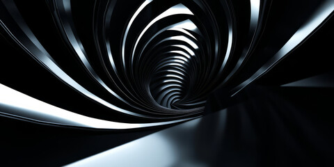 A hypnotic 3D background displaying an infinite spiral staircase made of glossy black material, with soft white light emanating from beneath each step. The deep shadows and the surreal perspective add