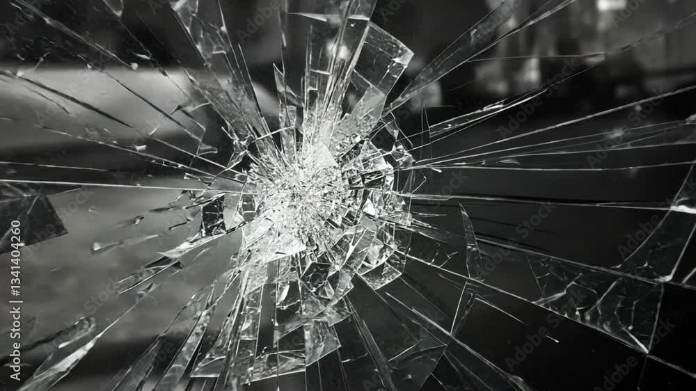 Poster shattered glass surface with intricate patterns, showcasing fragmented reflections and sharp edges f