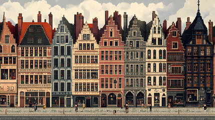 Fototapeta premium Pixelated European Cityscape With Colorful Buildings
