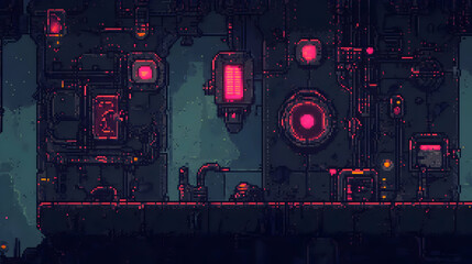 Fototapeta premium Pixelated Futuristic Industrial Interior With Glowing Lights
