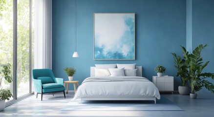 Fototapeta premium A modern bedroom interior features tranquil blue and white accents
